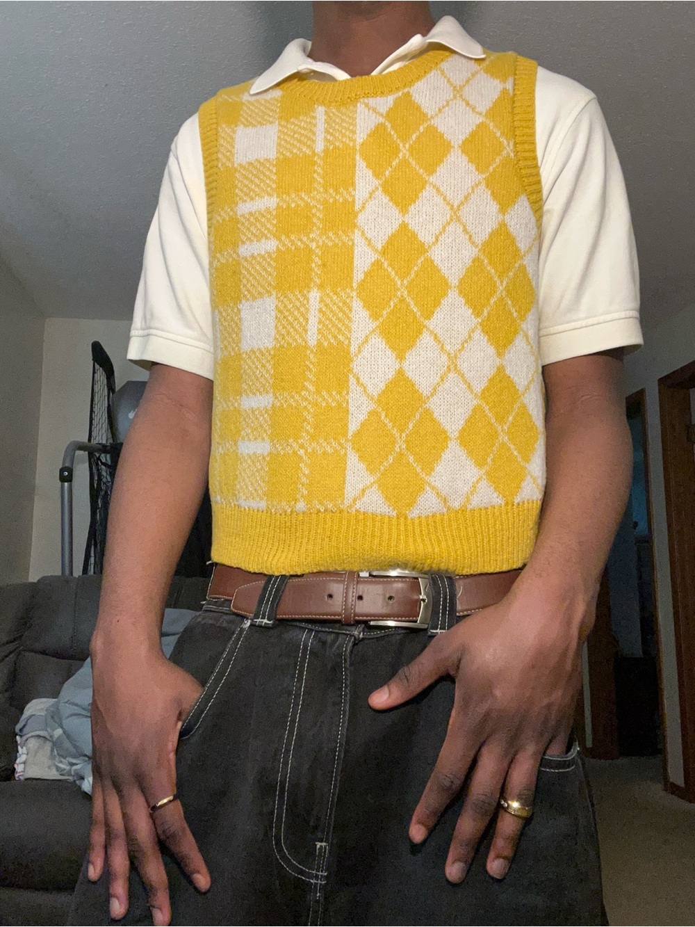 Almost Famous Yellow and White Argyle Knit Sweater Vest